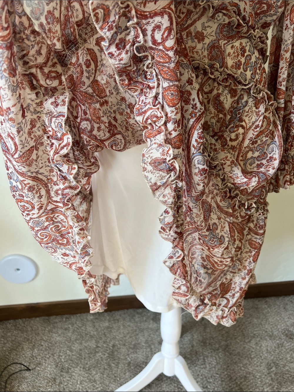 Venus Boho Chic Brown Creas Paisley Ruffle Tiered Open Back Mini Dress Sz 10 - Picture 7 of 9